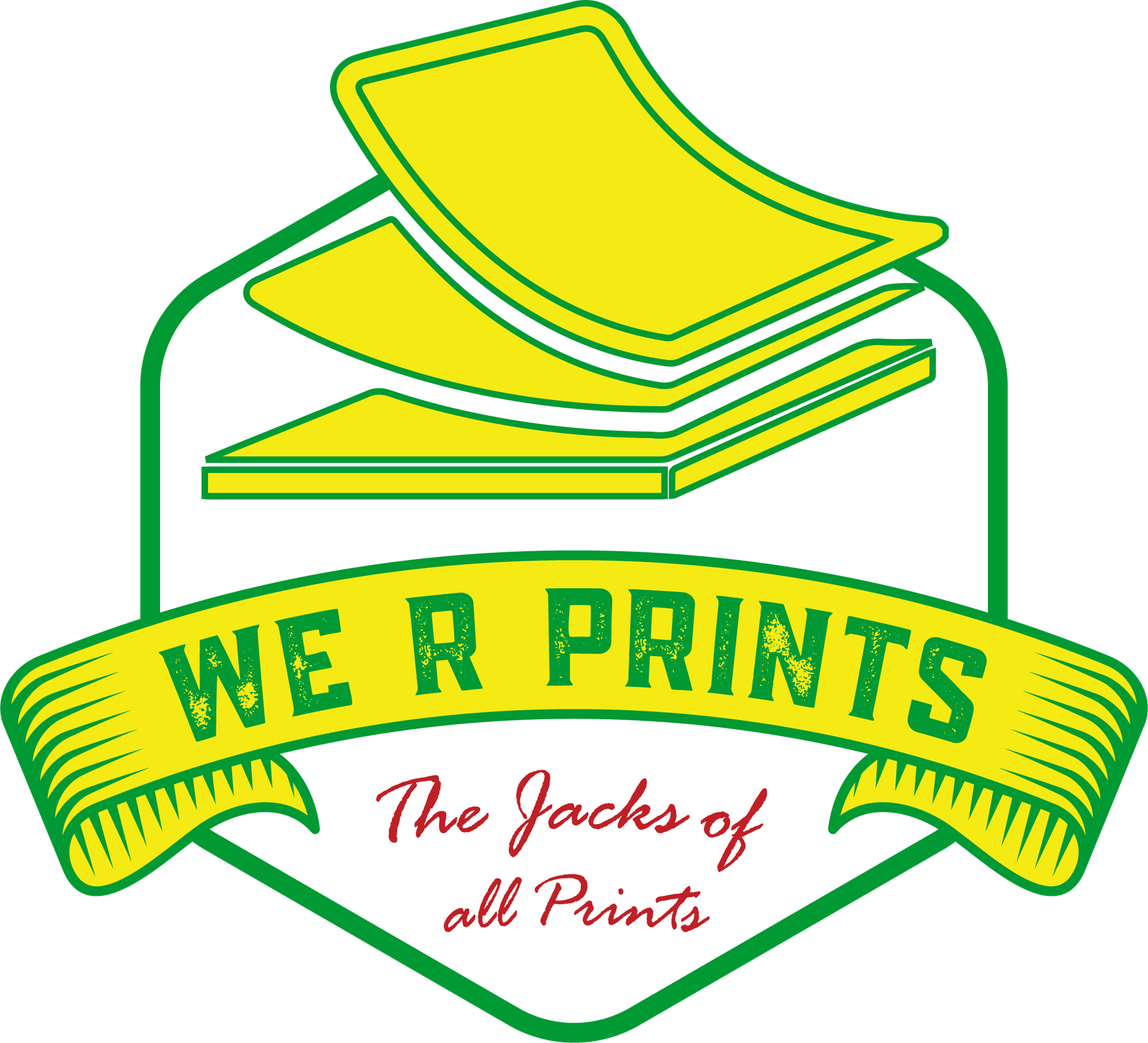 The Jacks of all Prints Logo featuring a green outline and a stack of yellow papers, presumably from a printer with a banner stating We R Prints and below it stating The Jacks of all Prints.