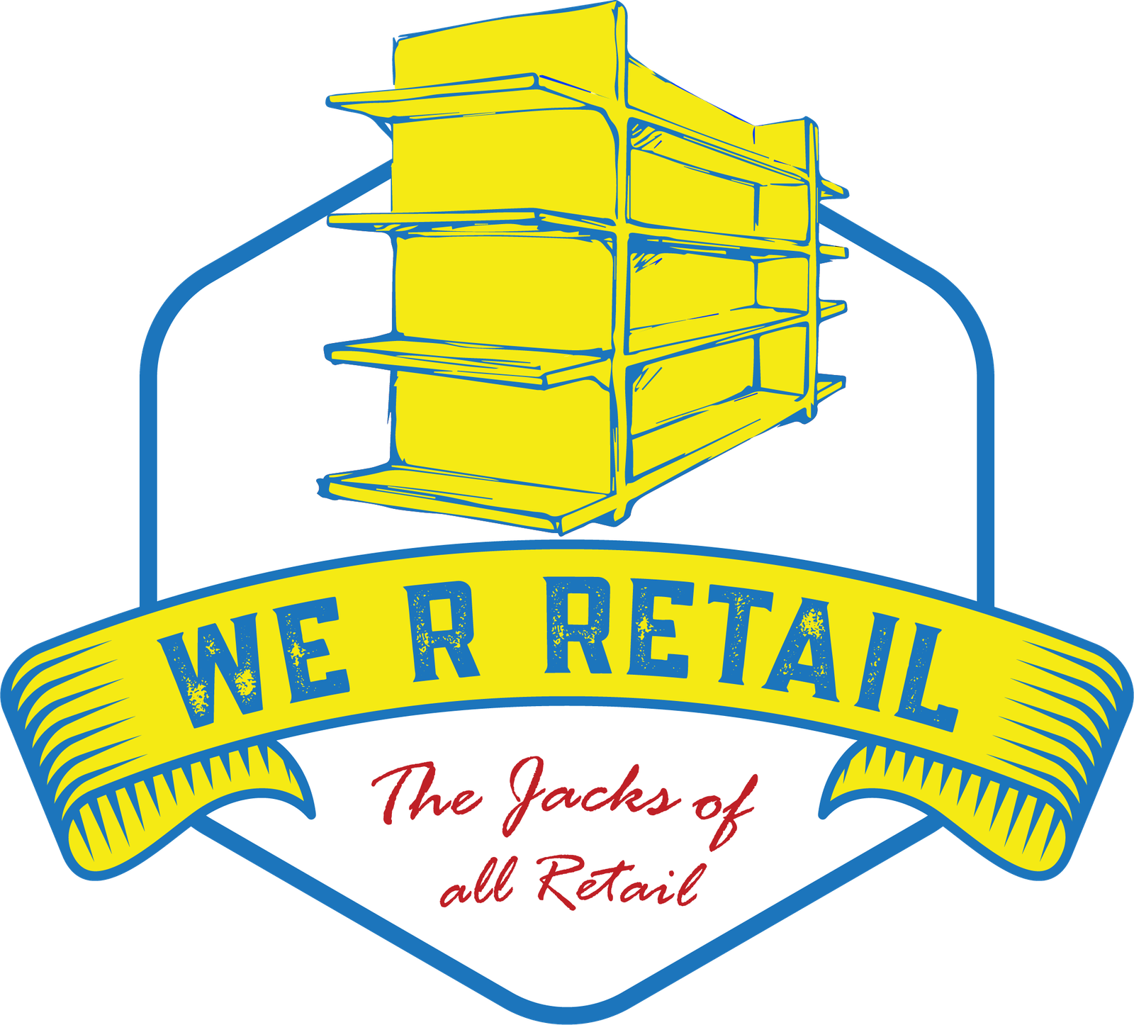 We R Retail Logo featuring a blue outline and a yellow gondola, presumably from a retail location with a banner stating We R Retail and below it stating The Jacks of all Retail.