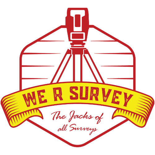 We R Survey Logo featuring a Red outline and a camera or survey equipment on a tripod, presumably from a survey project with a banner stating We R Survey and below it stating The Jacks of all surveys.