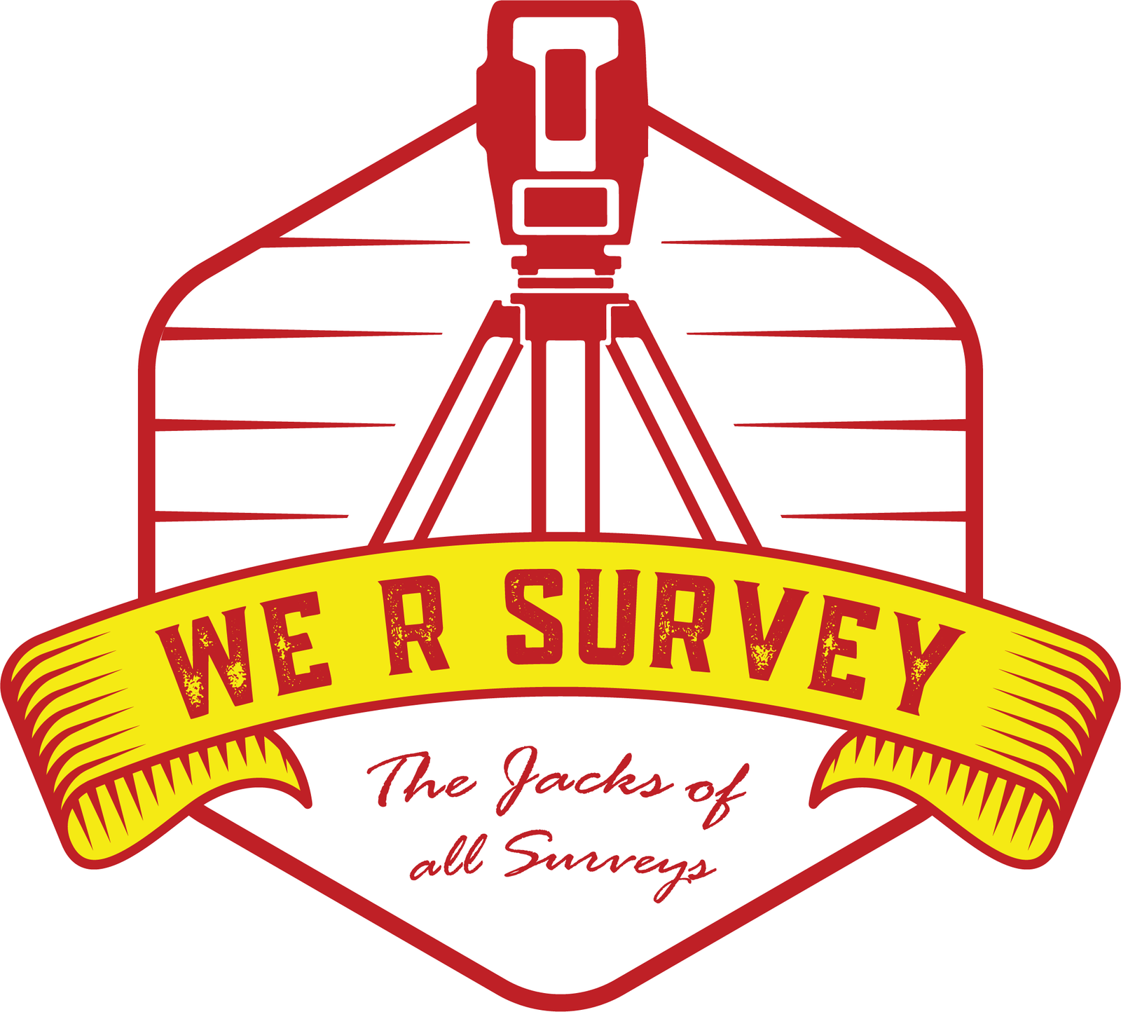 We R Survey Logo featuring a Red outline and a camera or survey equipment on a tripod, presumably from a survey project with a banner stating We R Survey and below it stating The Jacks of all surveys.